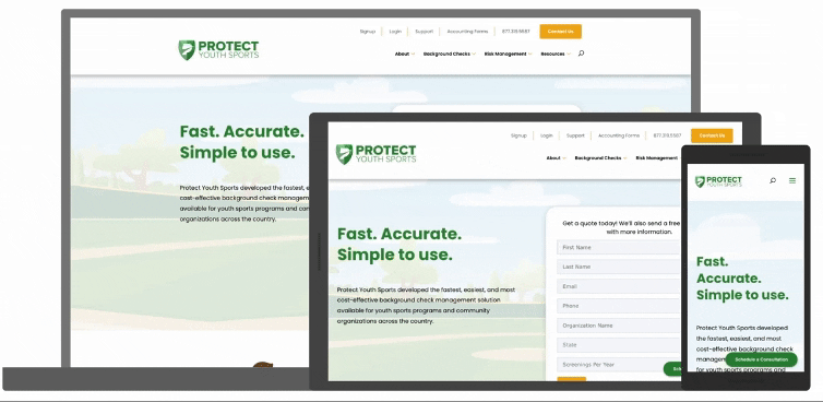 Protect Youth Sports website in desktop, tablet, and phone presentations